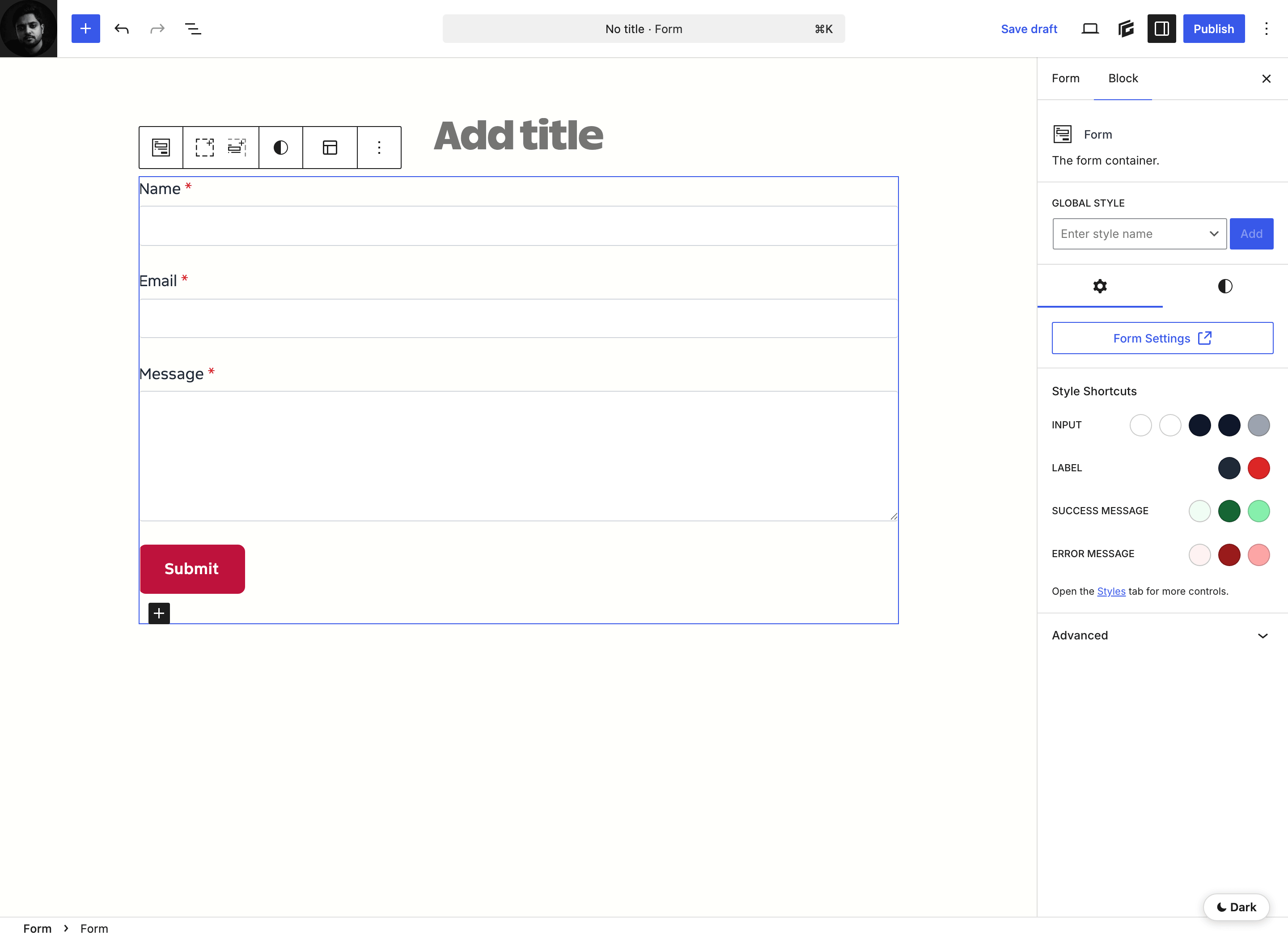 GenerateBlocks Pro 2.6 Forms block with name, email and message fields