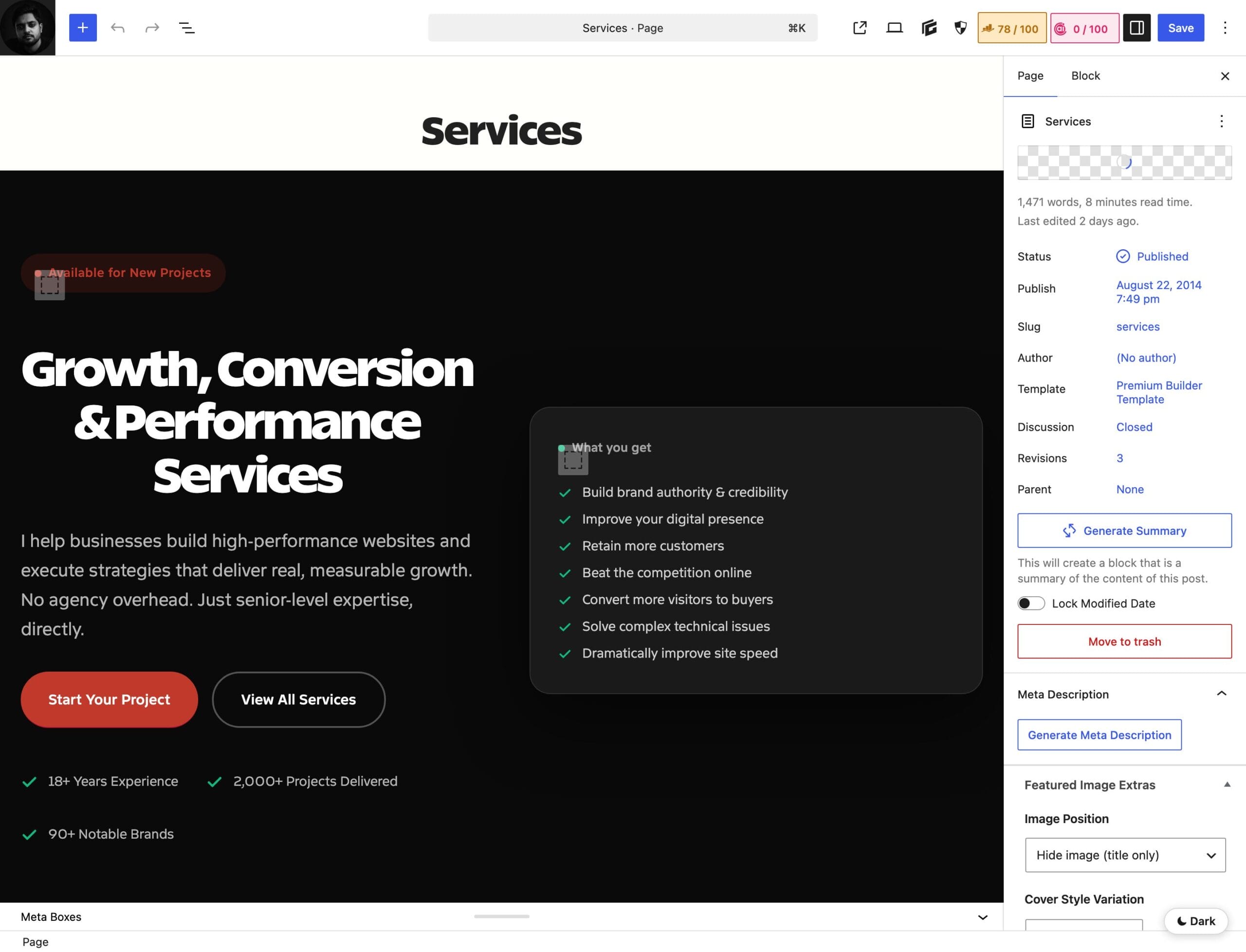 My Services page built with GenerateBlocks, open in the WordPress block editor