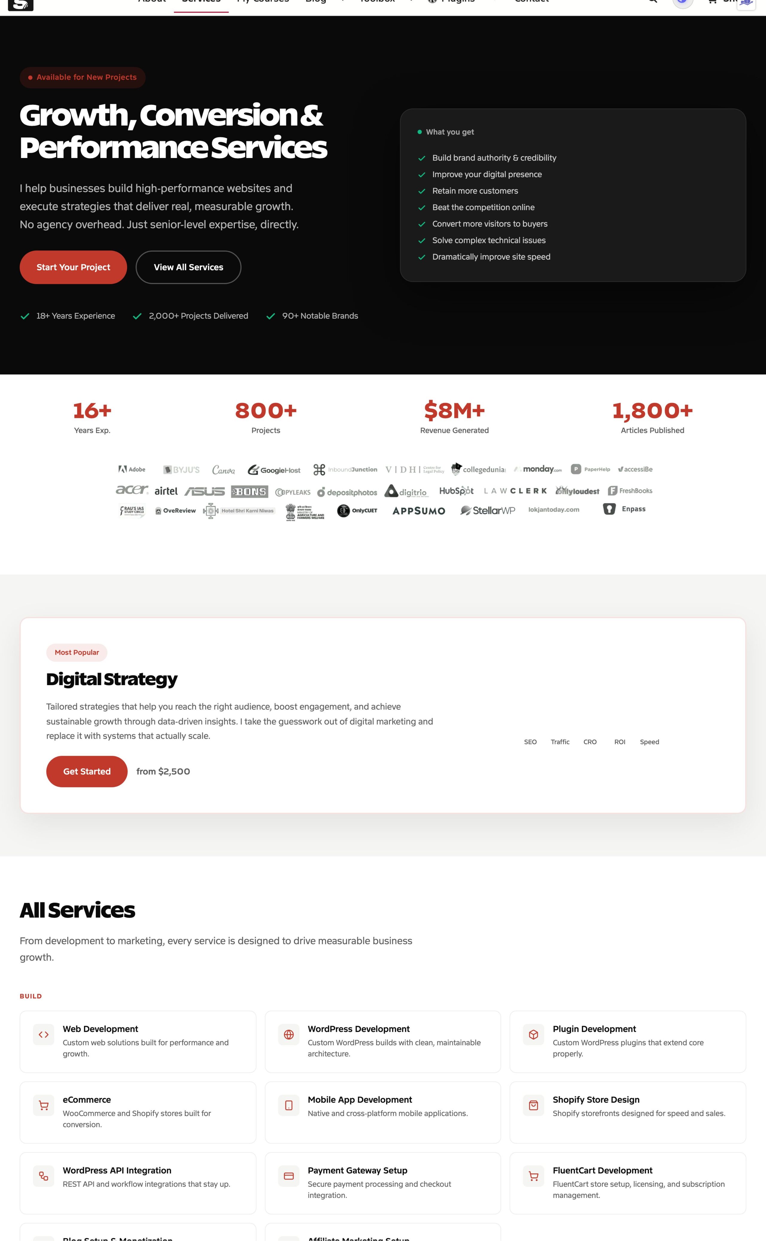 GenerateBlocks Services page front-end: hero, stats, and services grid