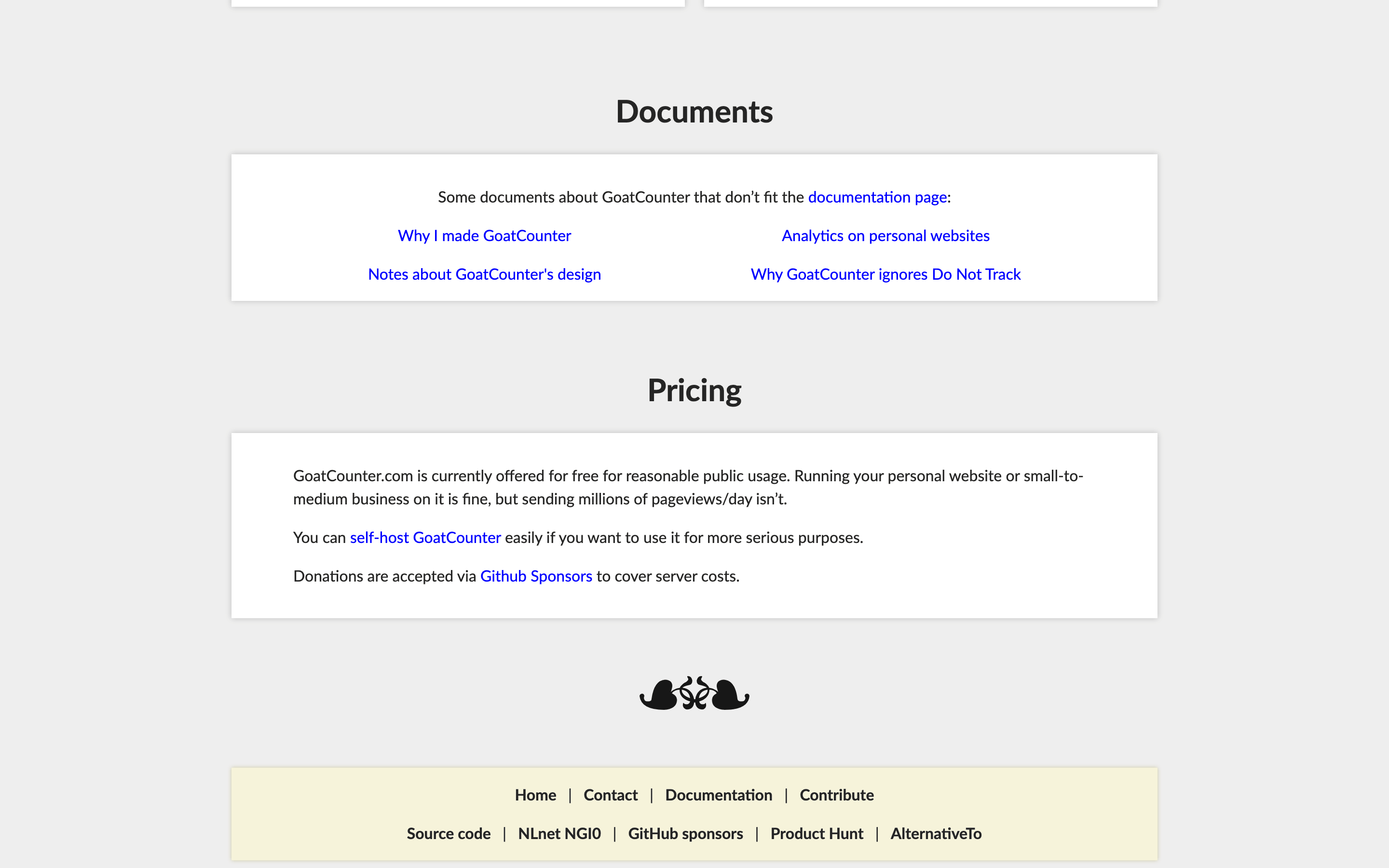 GoatCounter website explaining its open-source hosted and self-hosted analytics options