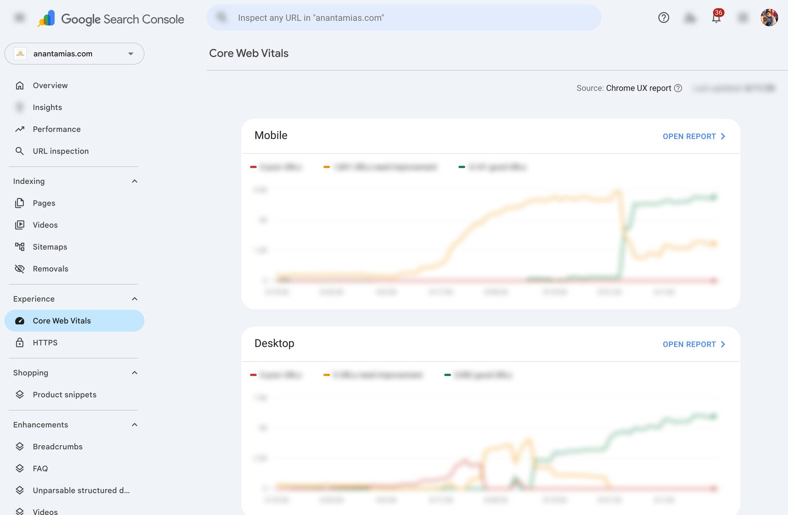 Core Web Vitals report in Google Search Console comparing mobile and desktop performance from CrUX data
