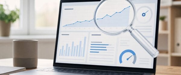 Google Search Console setup guide concept: a laptop dashboard with rising search-performance charts under a magnifying glass