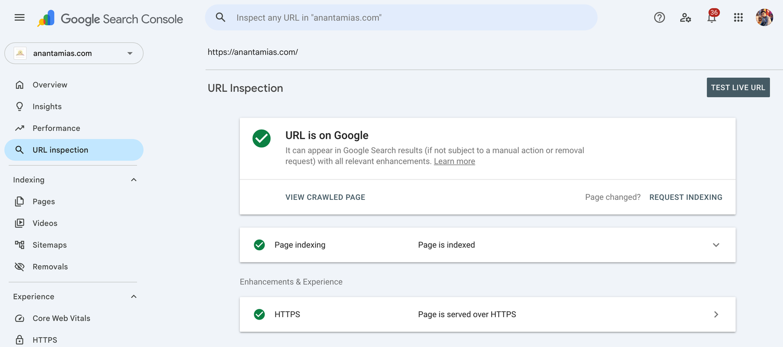 URL Inspection tool in Google Search Console confirming a URL is on Google and indexed