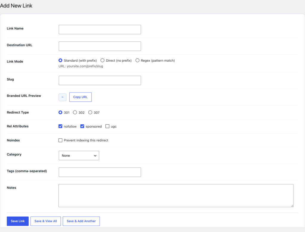 GT Link Manager link edit form with slug, destination URL, link mode selector and rel attribute controls