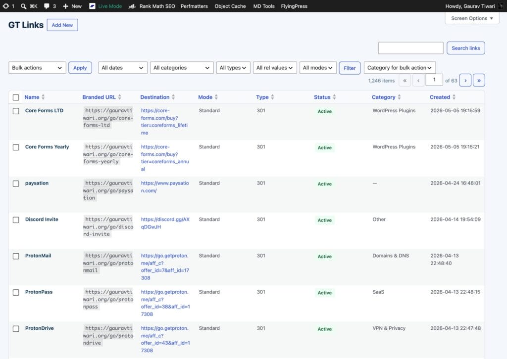 GT Link Manager All Links list table with branded URLs, link modes, redirect types, categories and click counts
