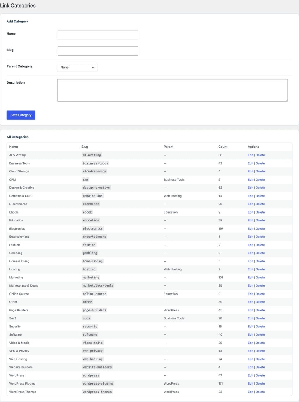 GT Link Manager categories screen with parent and child link categories and their link counts