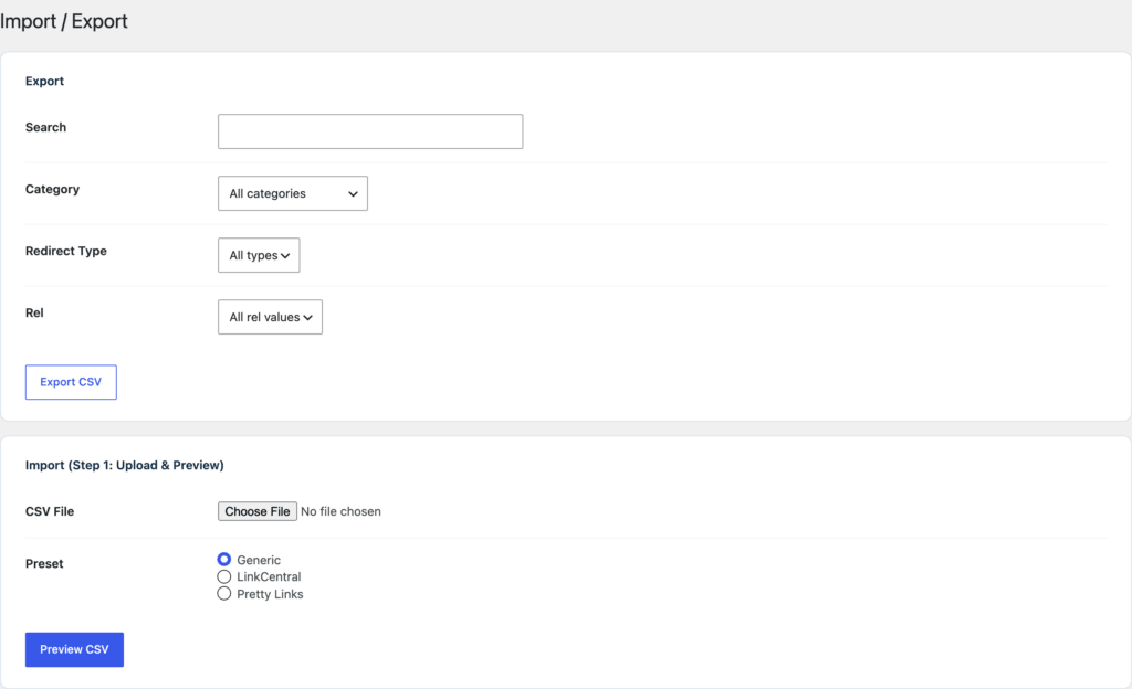 GT Link Manager CSV import and export screen with Pretty Links and LinkCentral presets and a column mapping preview