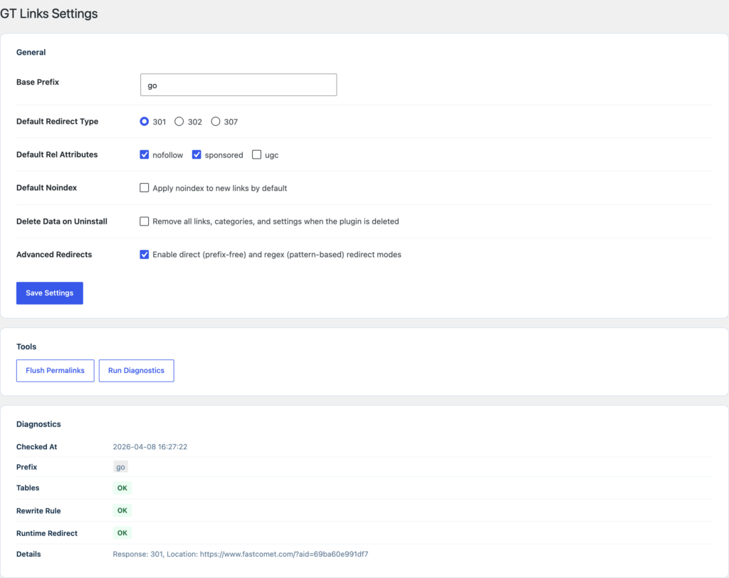 GT Link Manager settings page showing base prefix, default redirect type, click counting and trash retention options