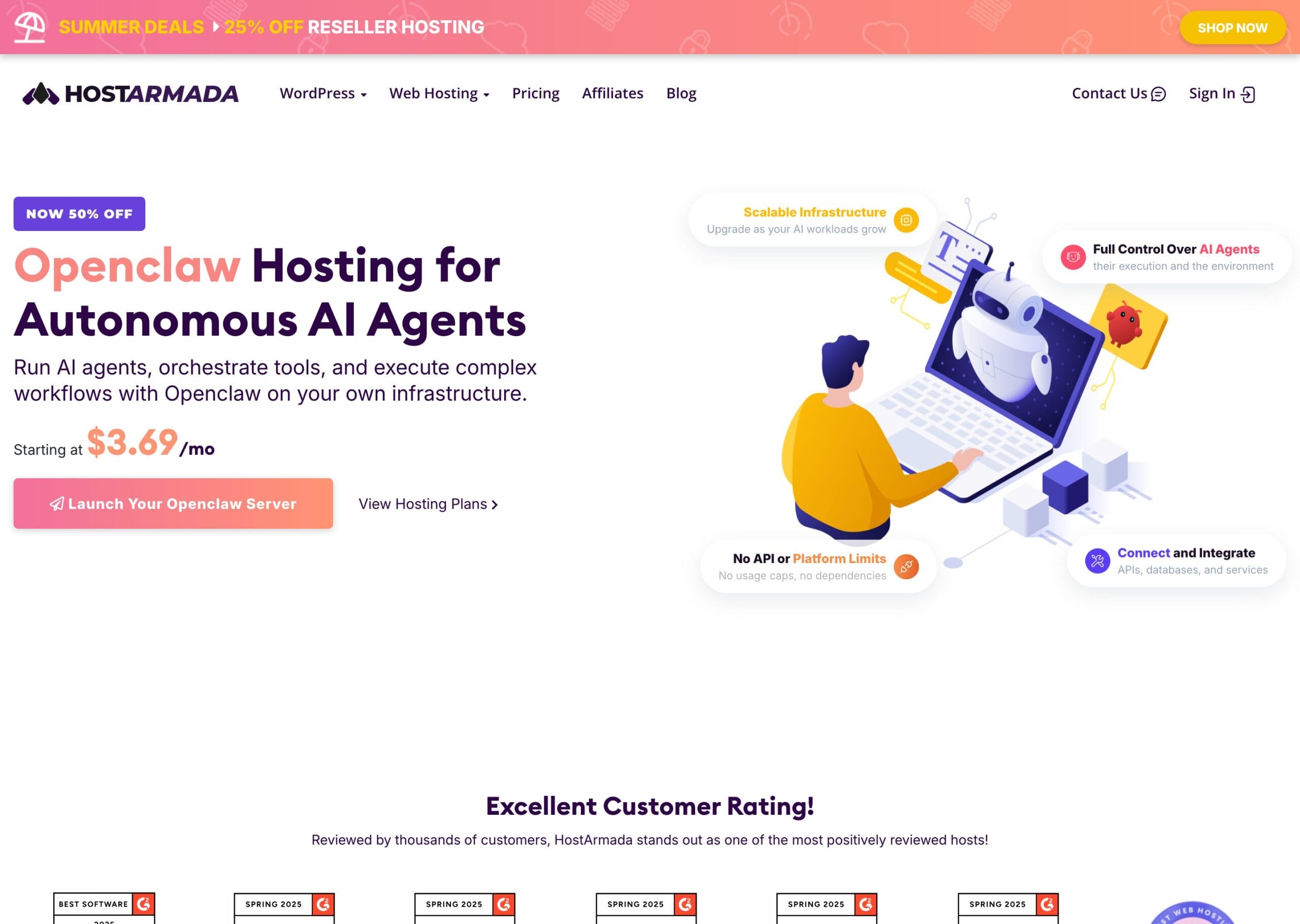 HostArmada OpenClaw hosting page with plans from $3.69/mo