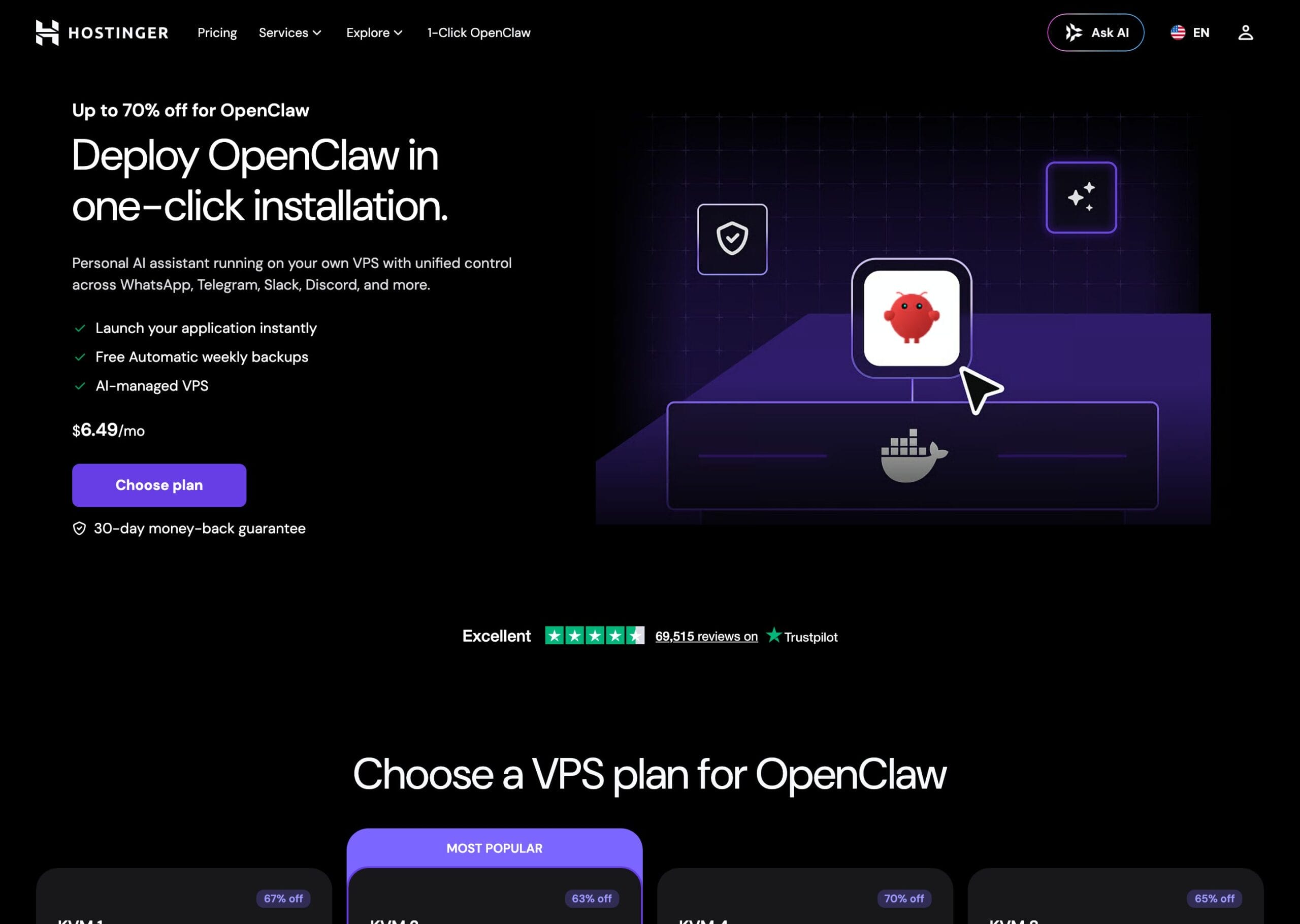 Hostinger one-click OpenClaw VPS hosting page showing the $6.49/mo plan