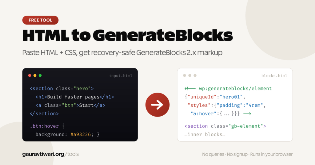 Free HTML to GenerateBlocks converter: paste HTML and CSS, get recovery-safe GenerateBlocks 2.x block markup