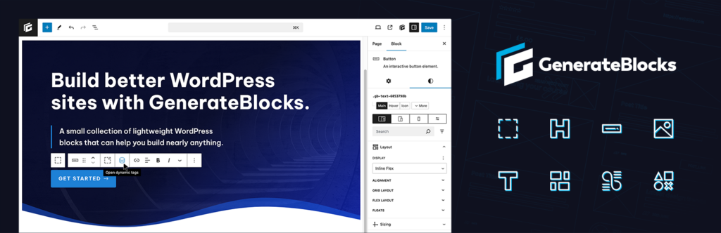 GenerateBlocks WordPress editor interface with a hero section and block settings panel