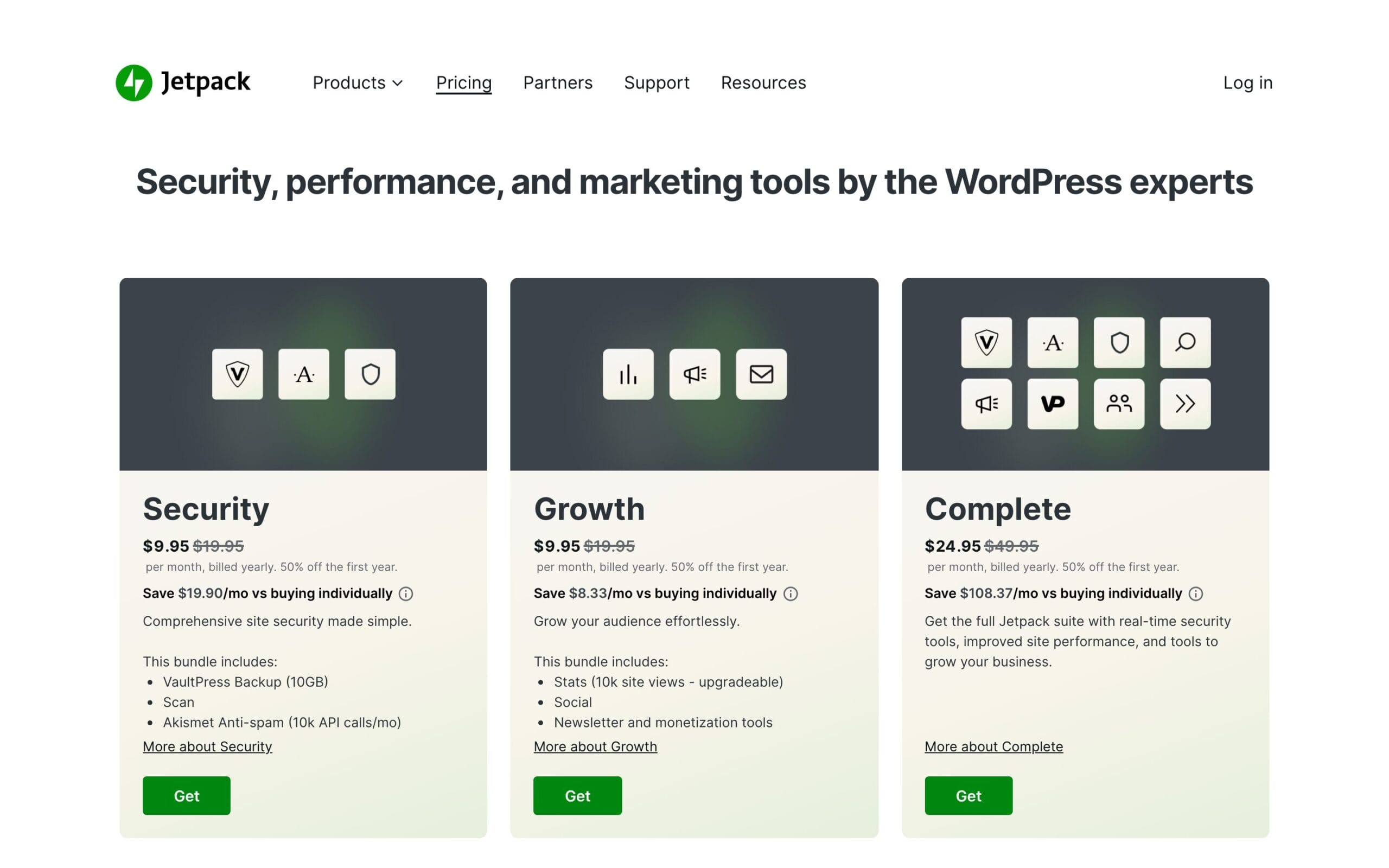 Jetpack pricing page showing Security, Growth, and Complete bundles with Stats included in Growth