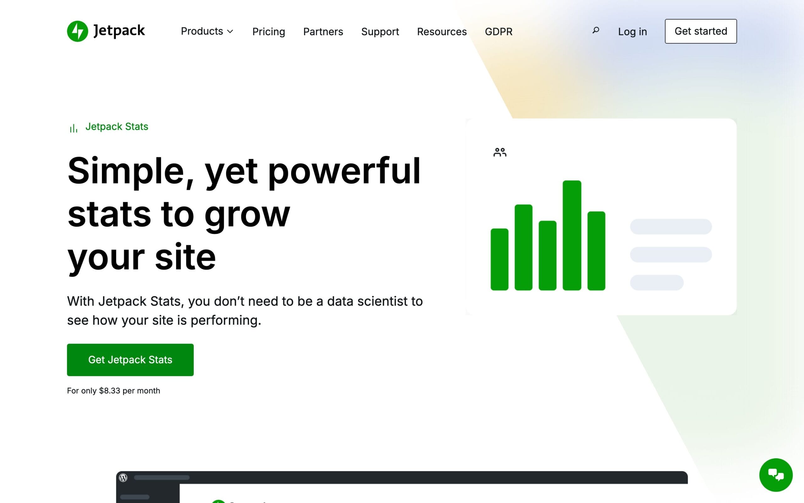 Jetpack Stats page showing simple WordPress site stats from $8.33 per month
