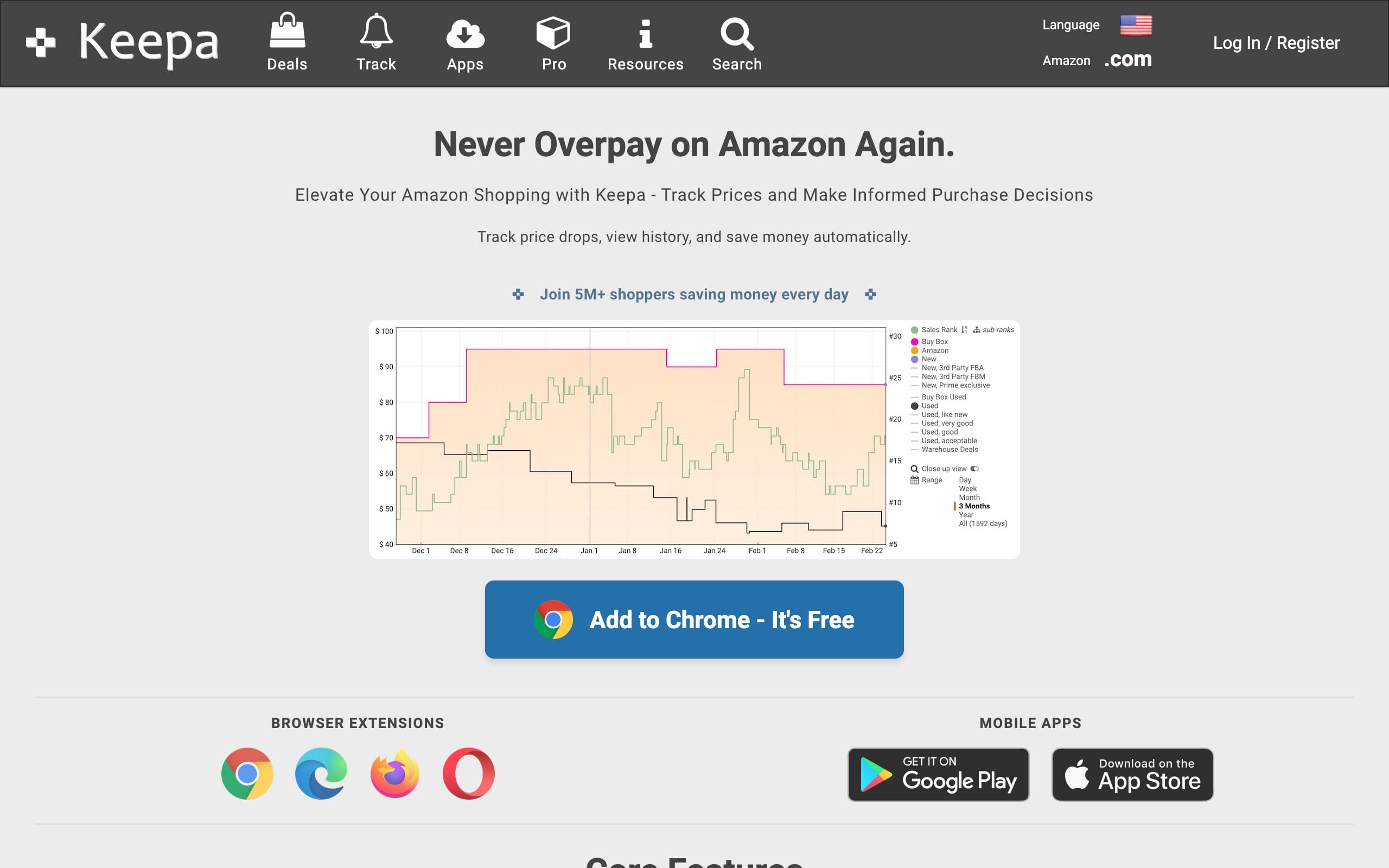 Keepa price tracker homepage