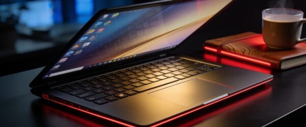 Lenovo Black Friday laptop deals: a sleek laptop with red accent lighting on a desk