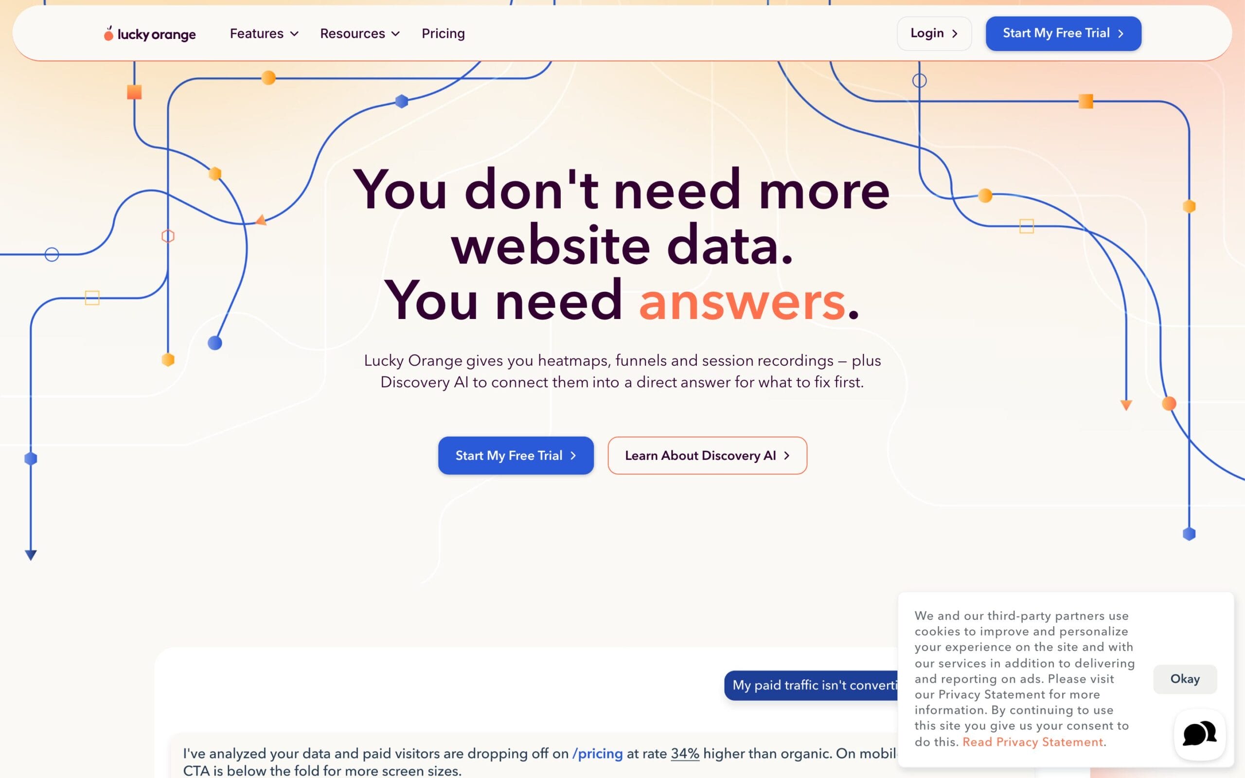 Lucky Orange homepage with heatmaps, funnels, and session recordings