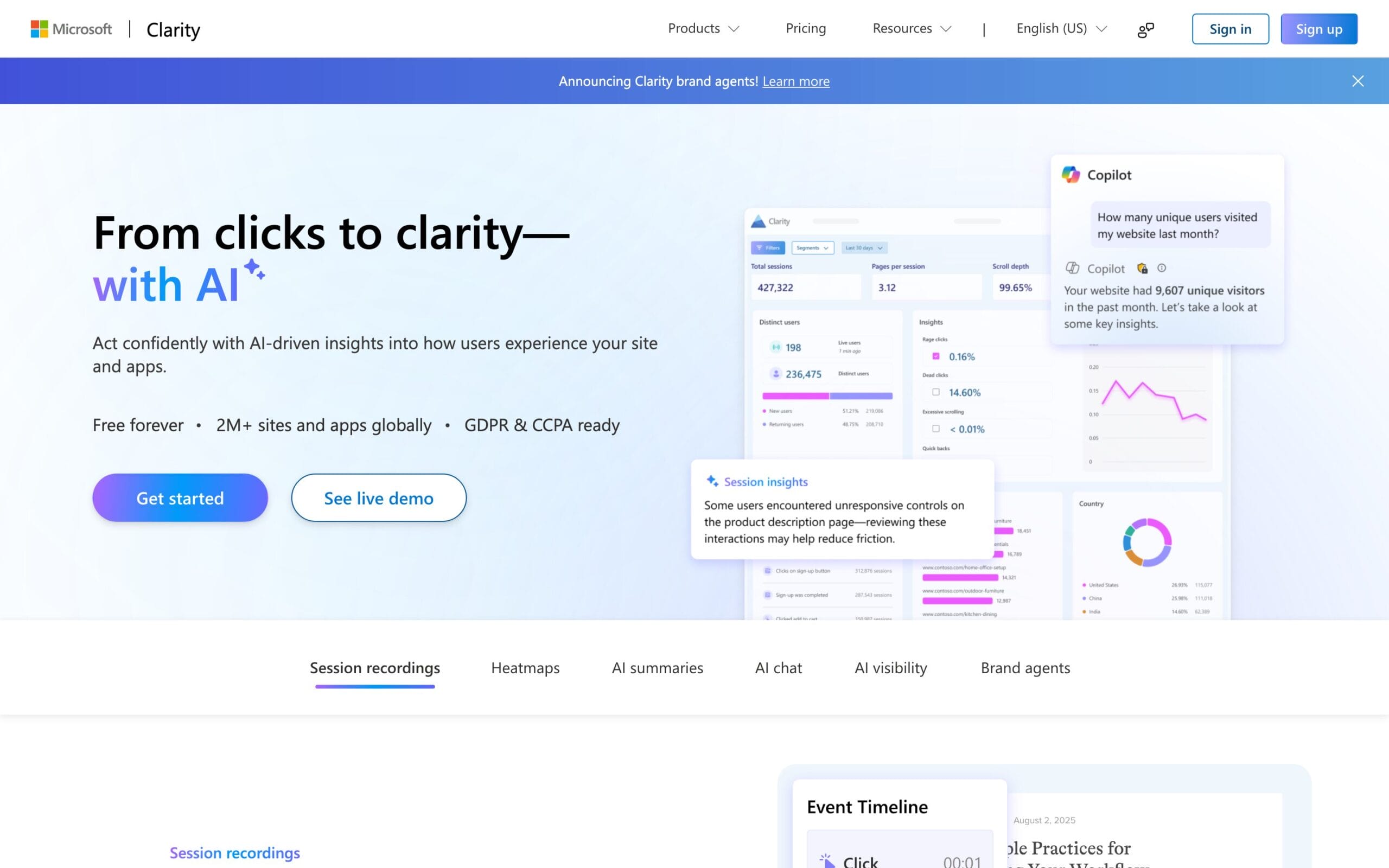 Microsoft Clarity homepage: free forever heatmaps and session recordings on 2M+ sites