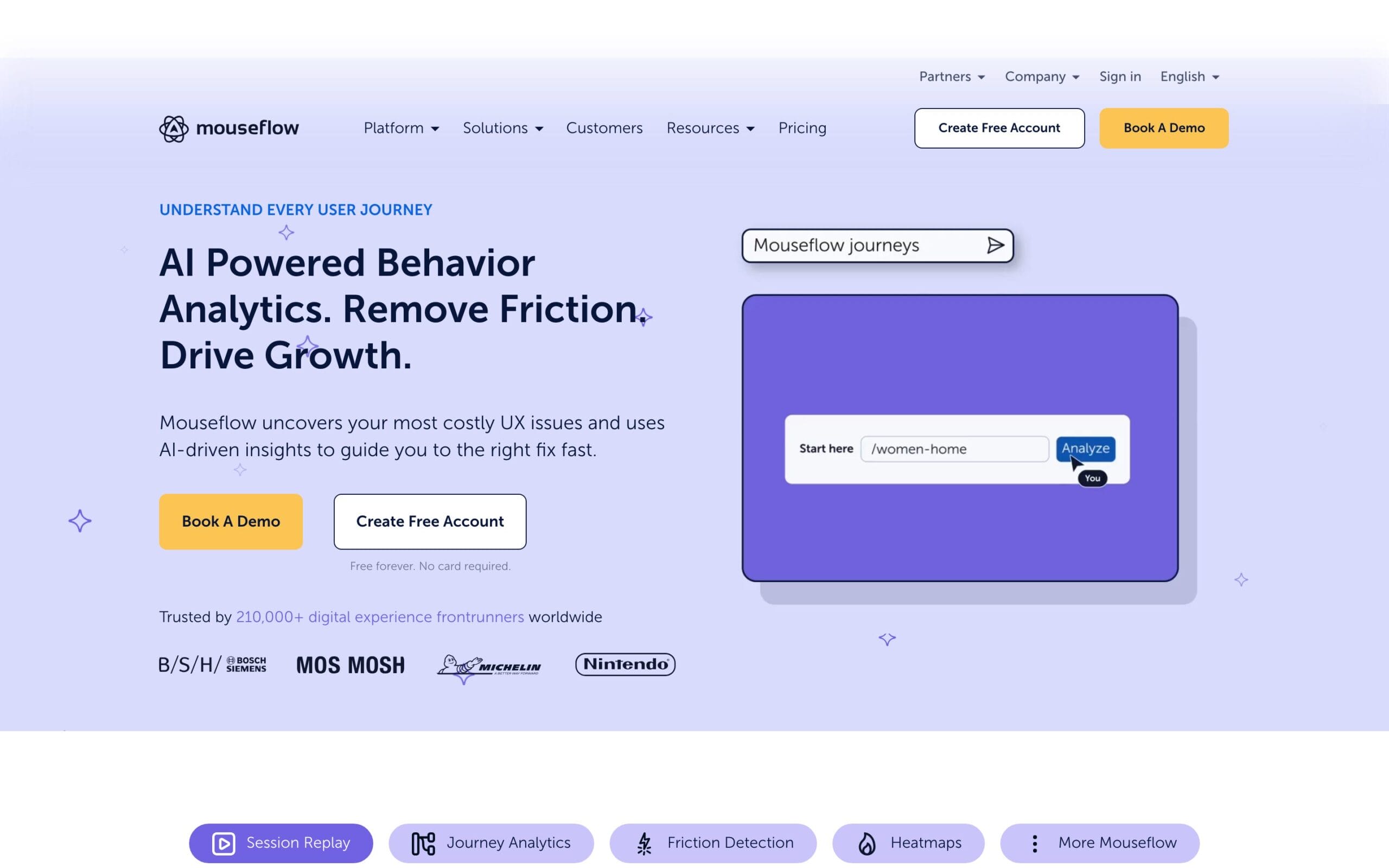 Mouseflow behavior analytics homepage with session replay and heatmap tools