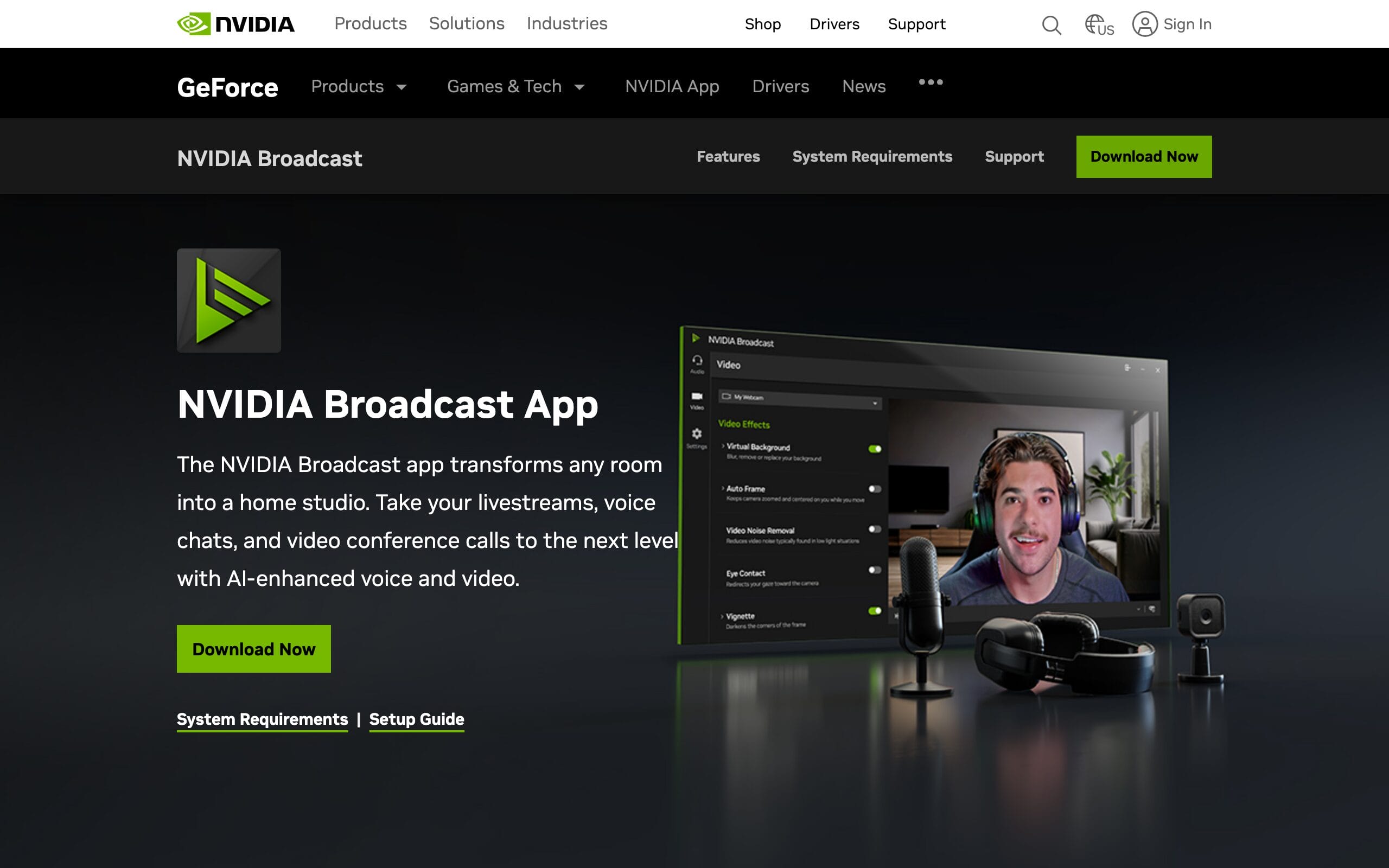 NVIDIA Broadcast app homepage
