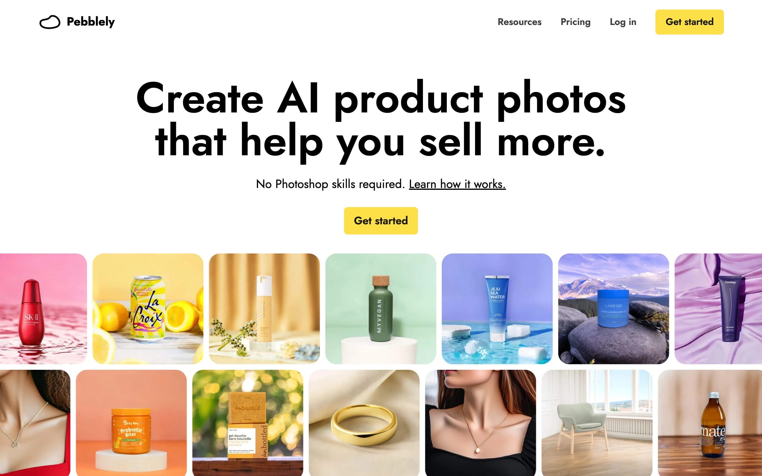 Pebblely AI product photography homepage