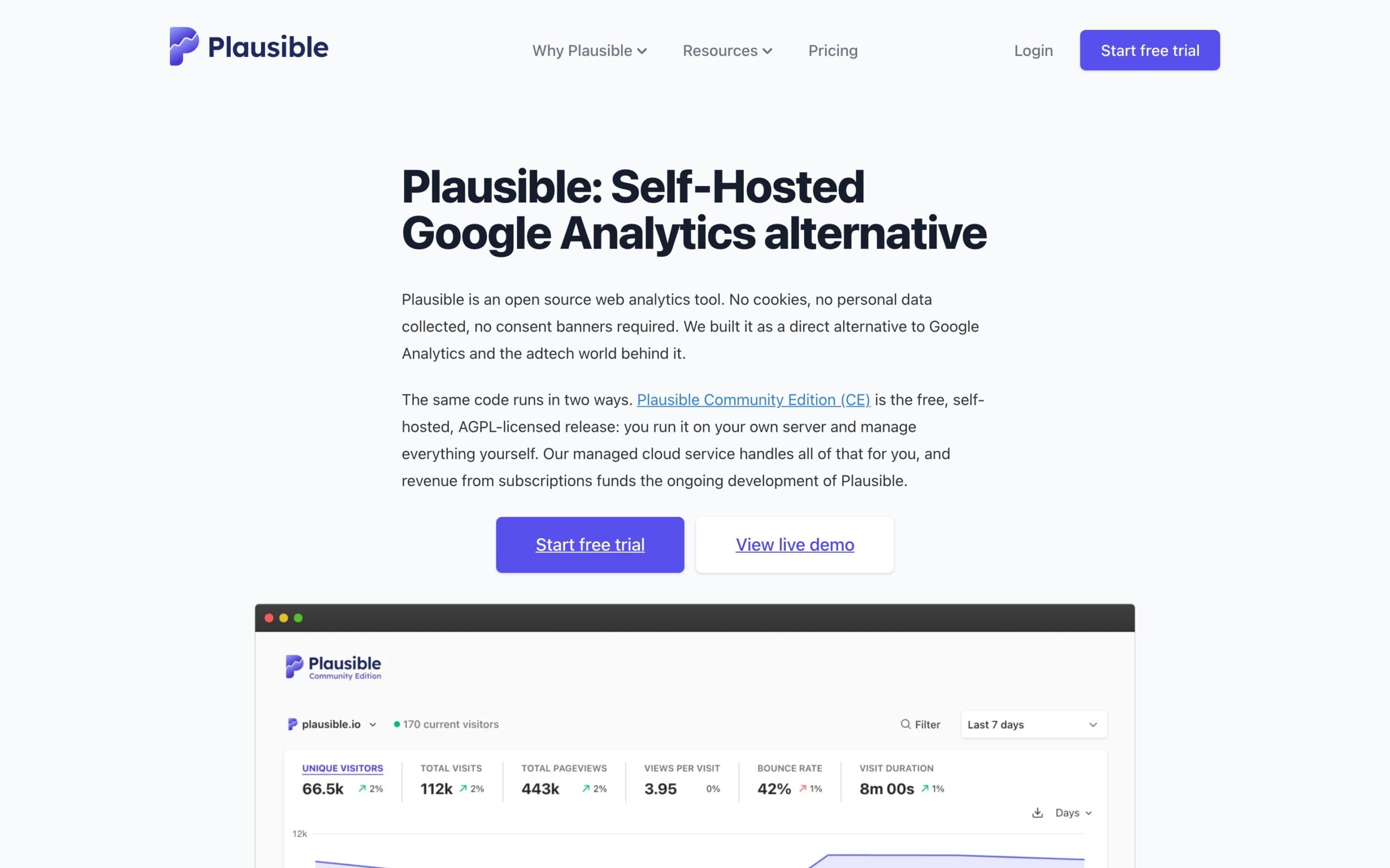 Plausible Community Edition self-hosted analytics page explaining its deployment model