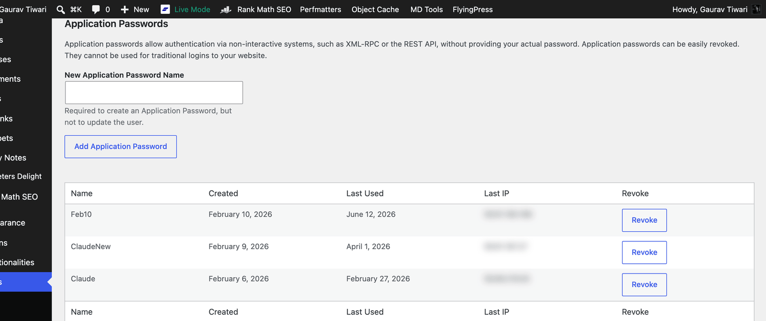 Creating a WordPress Application Password to connect the Rank Math MCP server