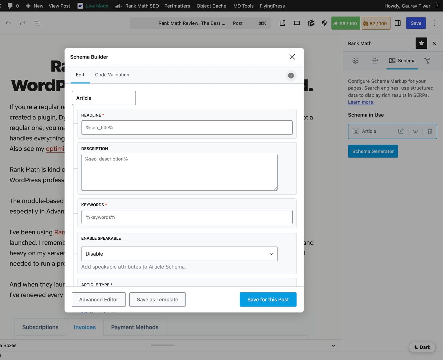 Rank Math Schema Builder in the WordPress editor showing Article schema fields