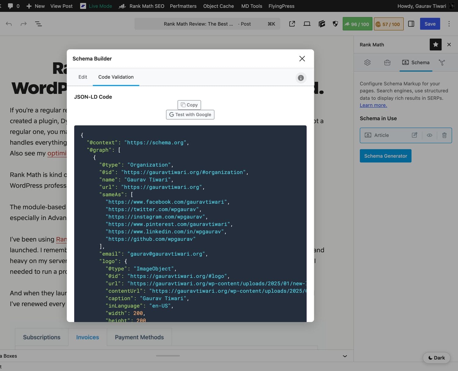 Rank Math Code Validation tab showing the generated JSON-LD schema markup