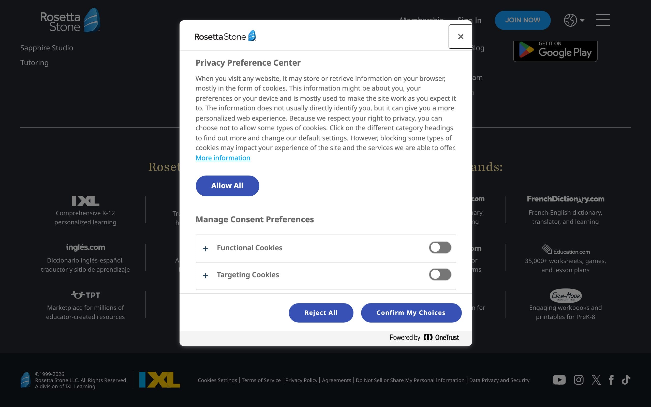 Rosetta Stone language app homepage