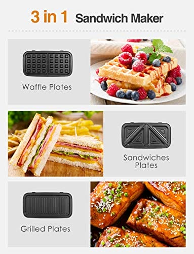 Sandwich Maker 3 in 1 Waffle Maker with Removable Plates, 1200W Panini Press...