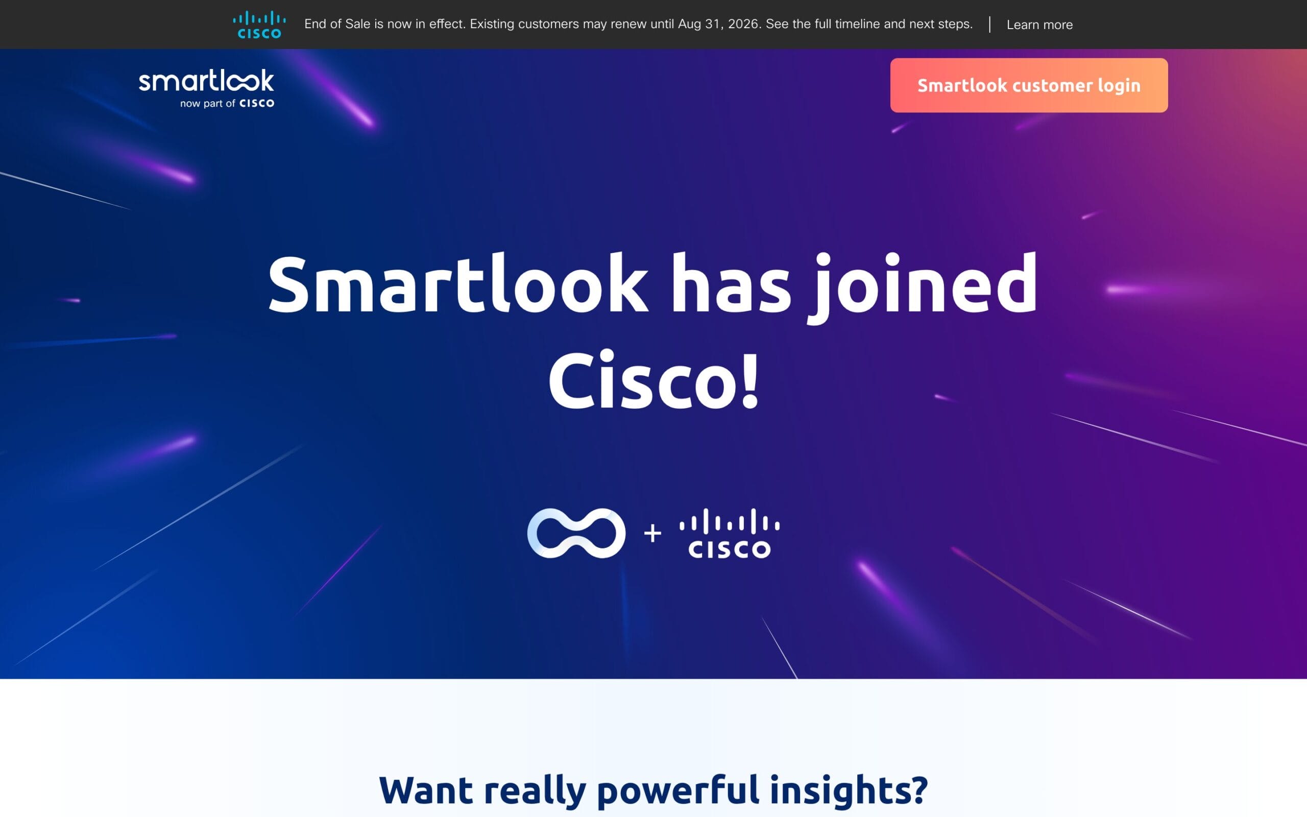 Smartlook homepage announcing it joined Cisco, with End of Sale banner