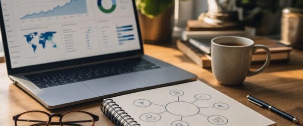 Marketing strategist desk with analytics on a laptop and a content pillar strategy diagram