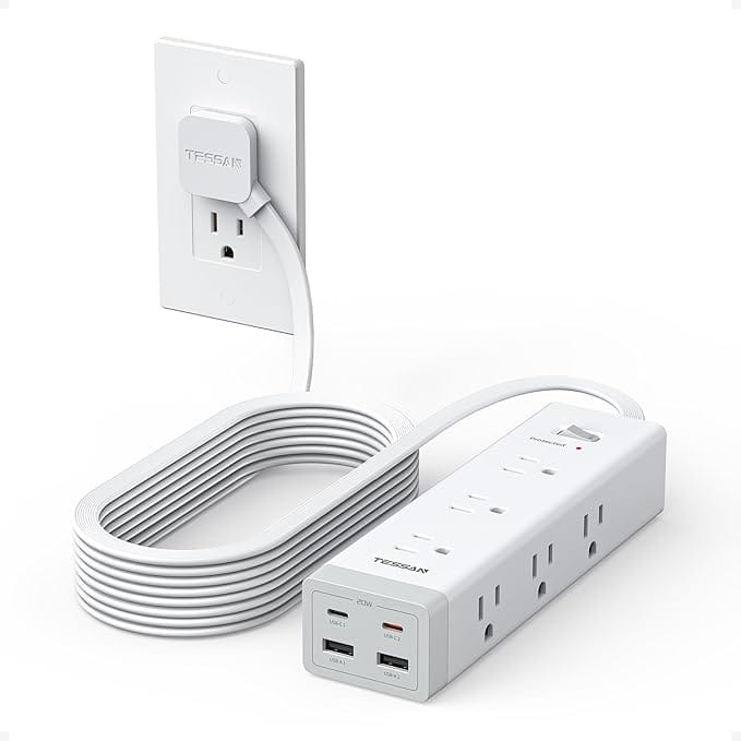 TESSAN Flat Plug Surge Protector (9 Outlets, USB-C PD, 15ft)