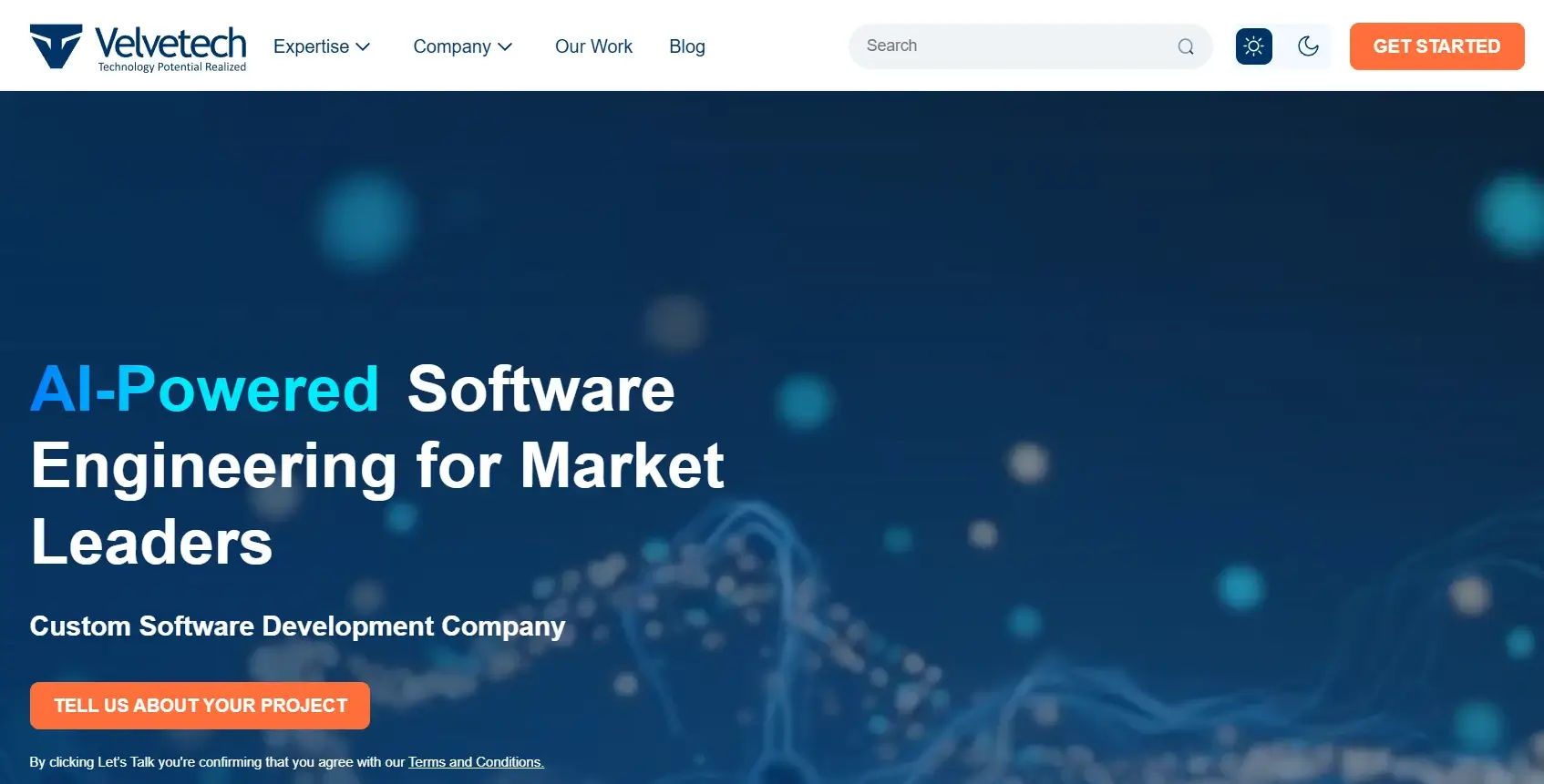 Velvetech website homepage, an AI-powered software engineering company