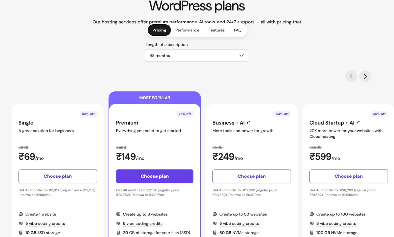 Hostinger India WordPress hosting pricing showing the Business plan for low-budget WordPress sites
