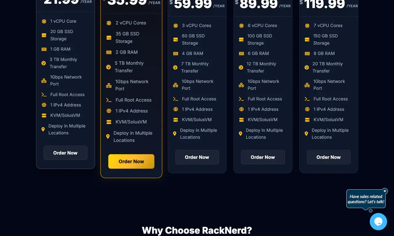 RackNerd KVM VPS specials showing low-cost annual VPS plans for secondary WordPress workloads