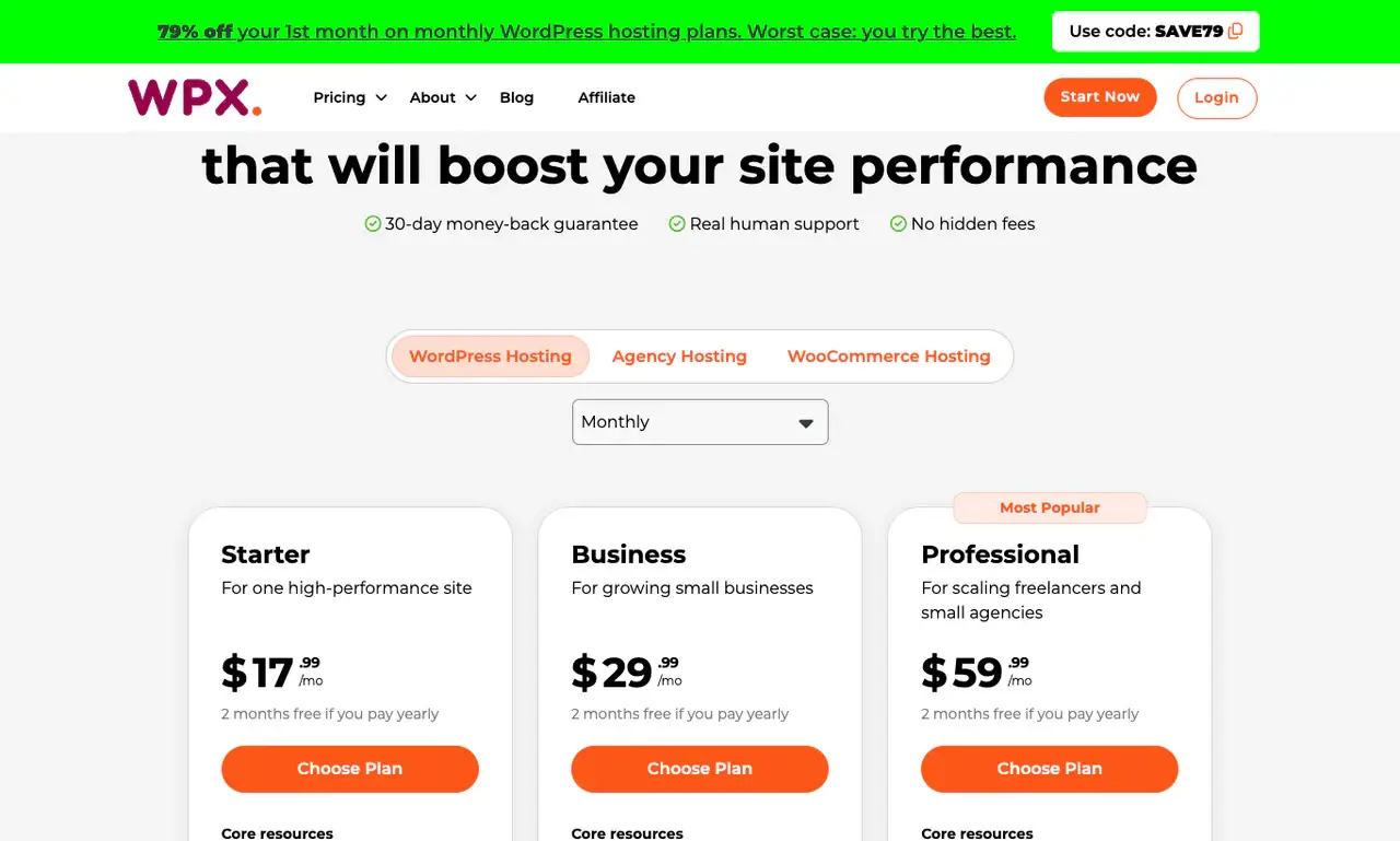 WPX managed WordPress hosting plans showing Starter and Business pricing