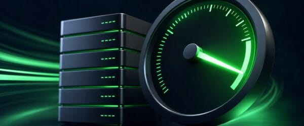 Glowing green speed gauge swept to fast next to a stack of WordPress server layers, representing WordPress speed optimization