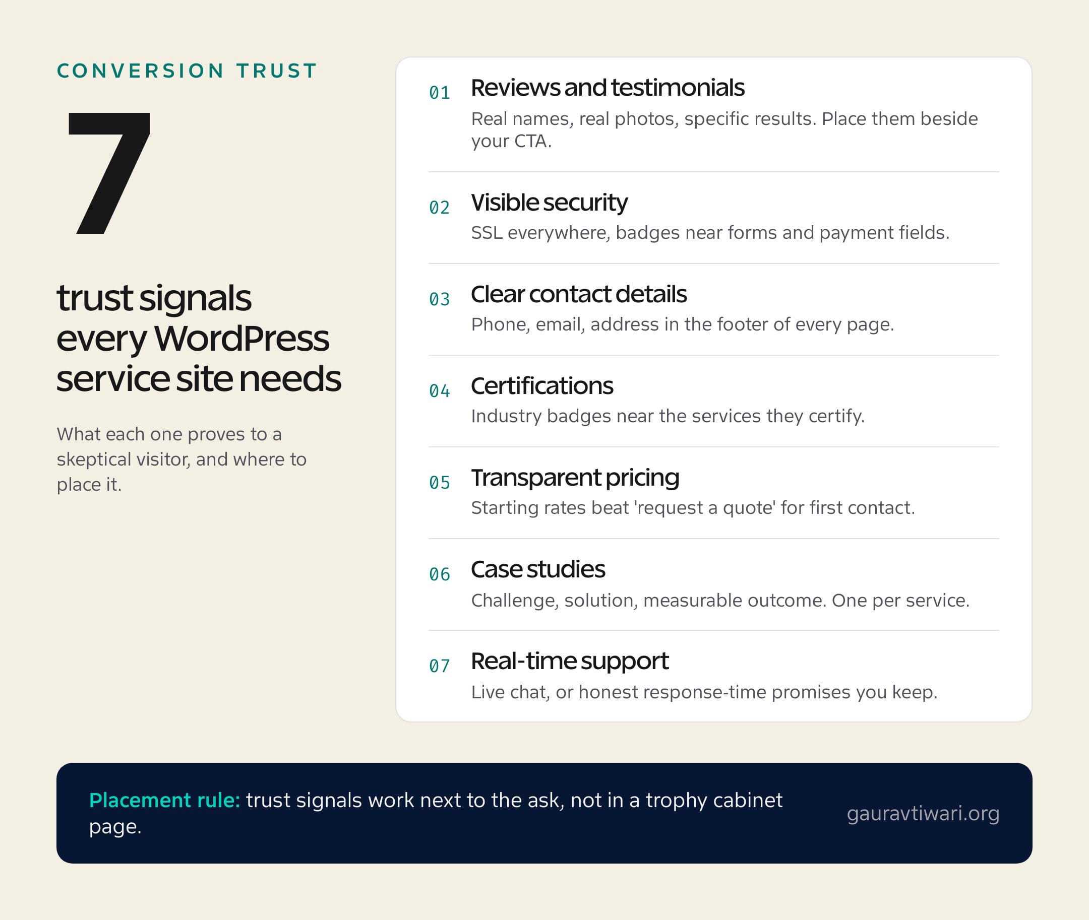 Checklist of seven trust signals for WordPress service sites, with placement advice for each