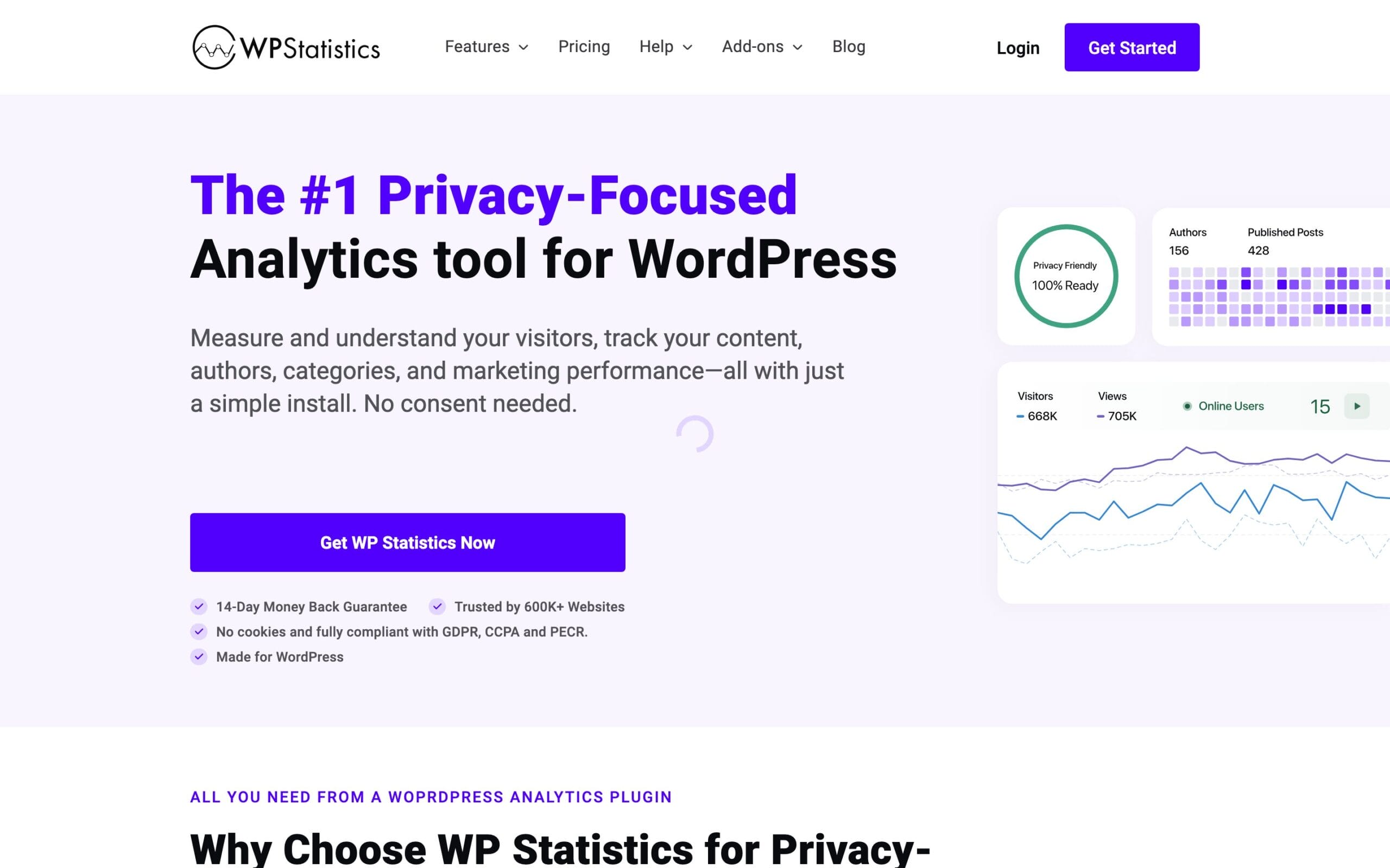 WP Statistics, privacy-focused analytics tool for WordPress with no consent banner needed
