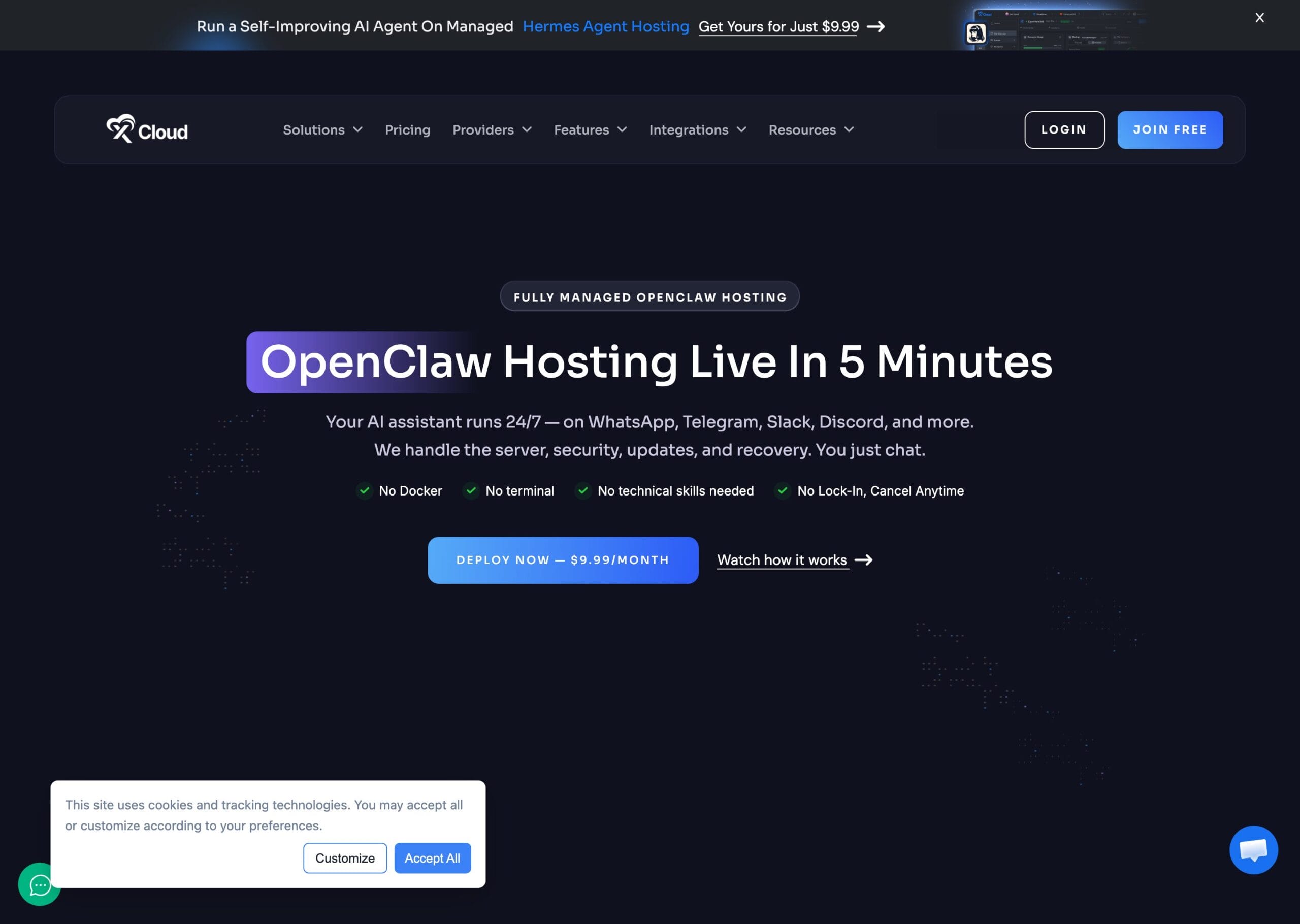 xCloud managed OpenClaw hosting page, $9.99/mo with no Docker or terminal