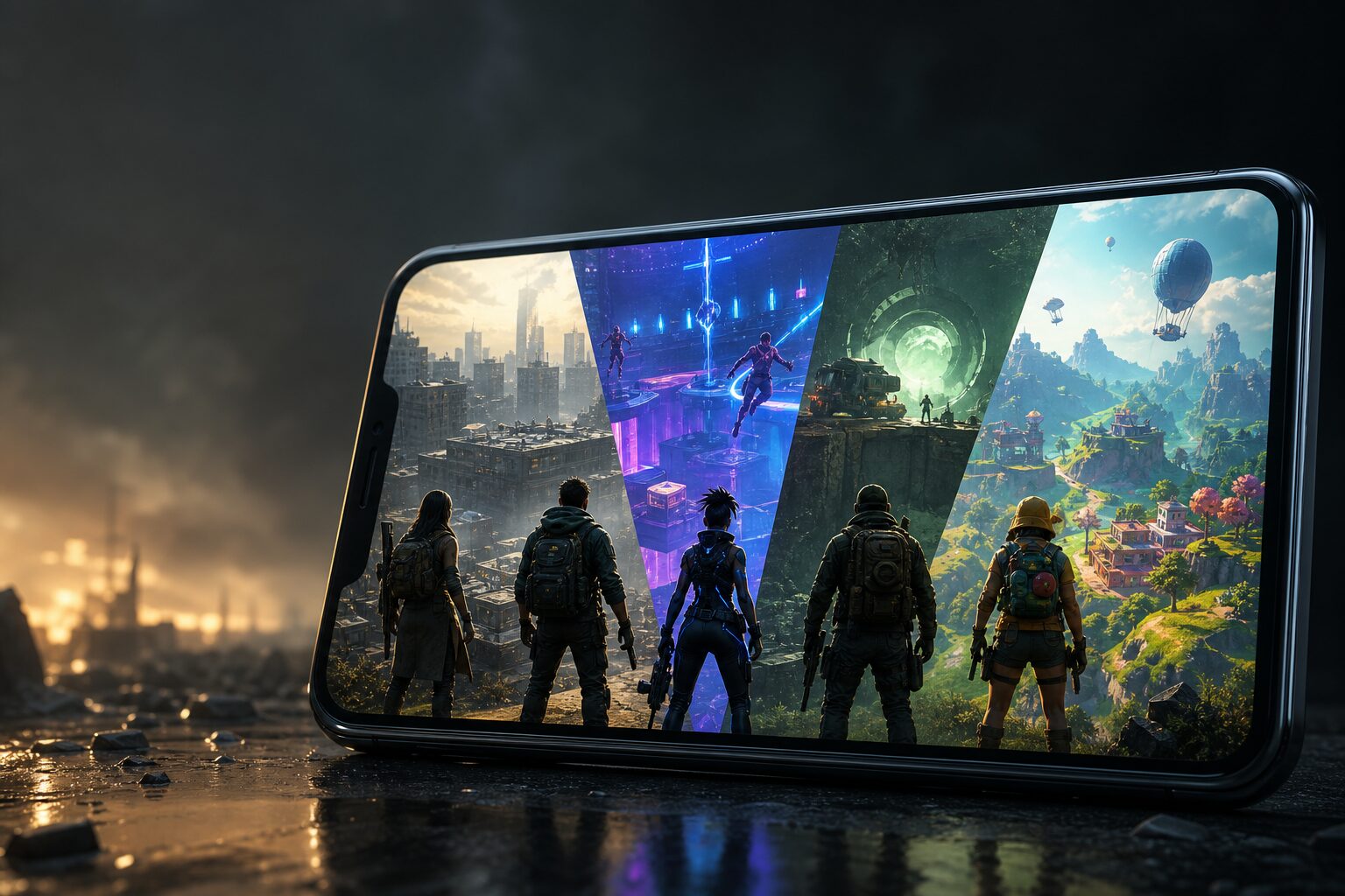 Mobile battle royale games shown across four arena styles on a smartphone