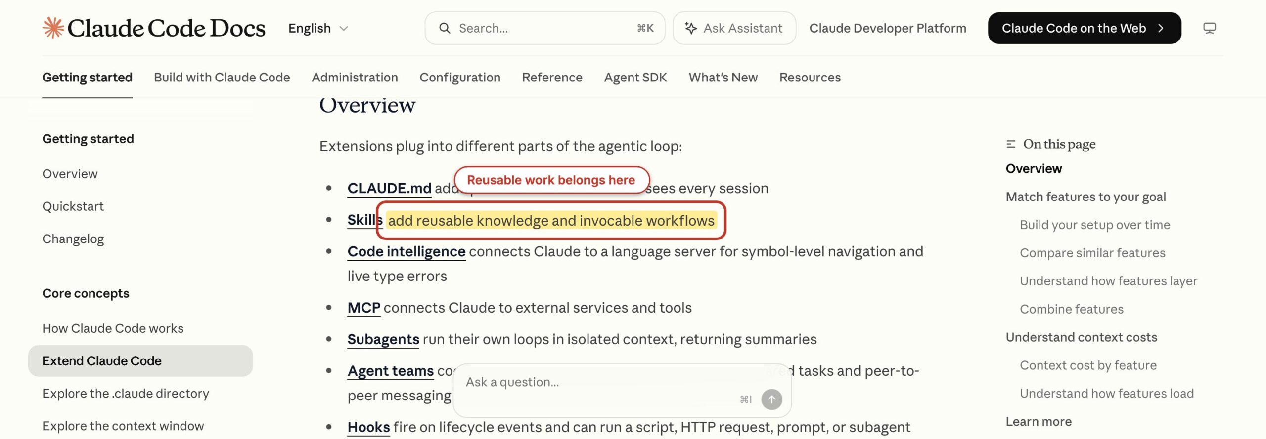 Claude Code documentation with the Claude Skills reusable workflow definition highlighted.