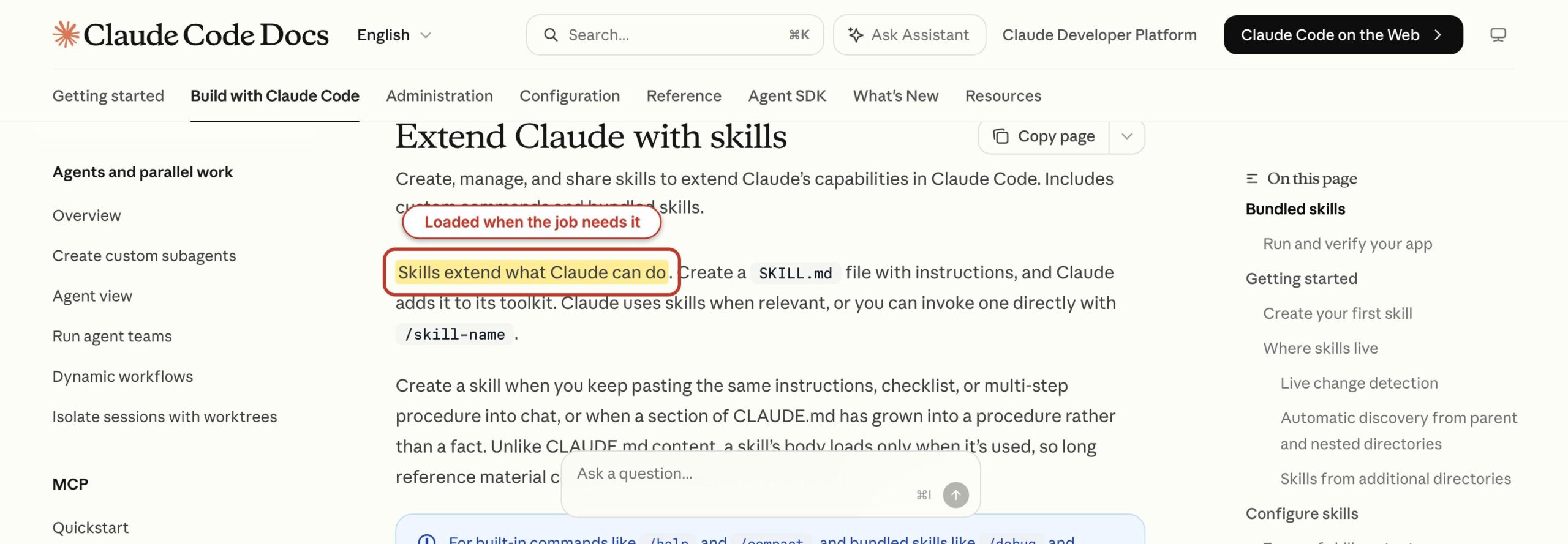 Claude Code skills documentation showing that skills extend Claude with reusable instructions.