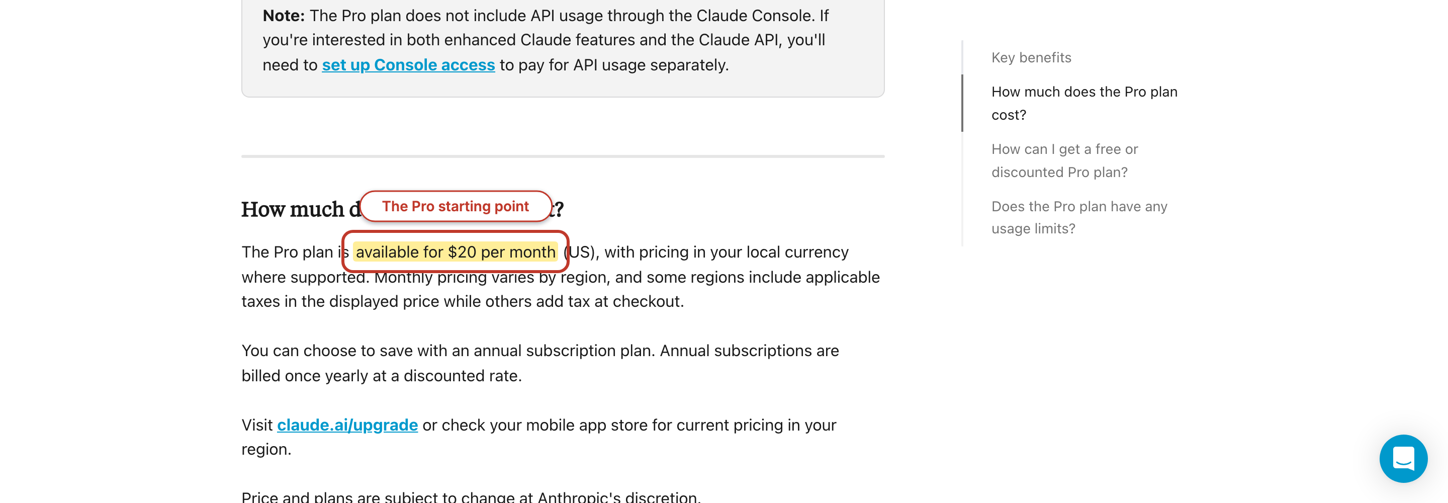 Claude Help Center showing the 20 dollar monthly Pro price highlighted.
