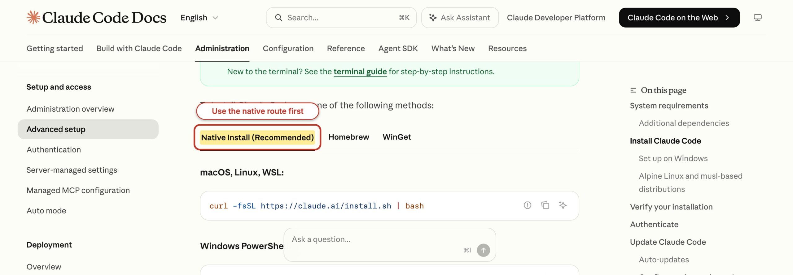 Claude Code setup documentation with Native Install recommended and highlighted.
