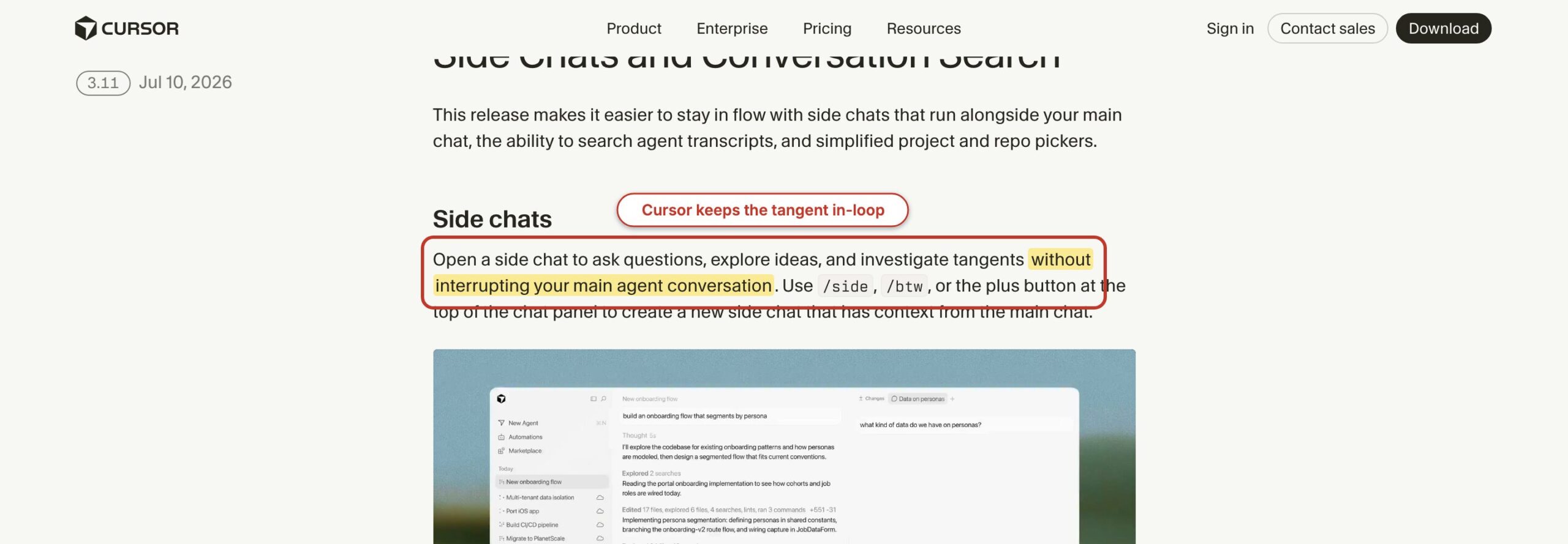 Cursor Side Chats page with the uninterrupted main conversation benefit highlighted.