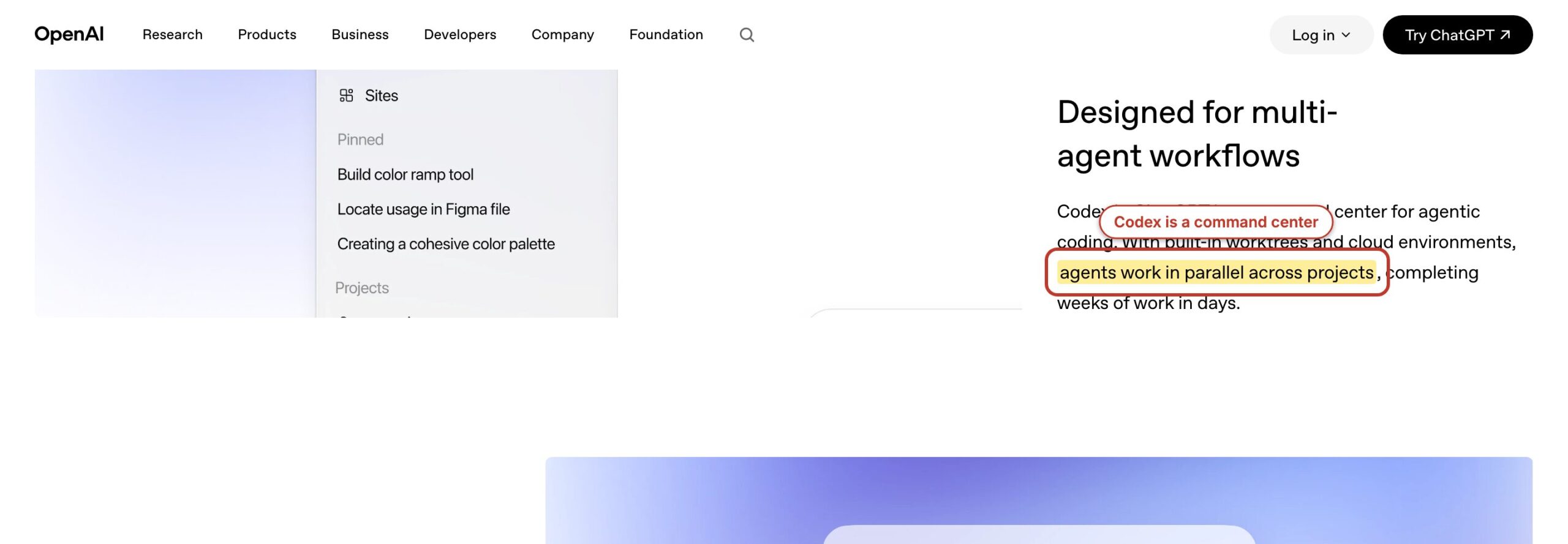 OpenAI Codex product page with parallel agent work across projects highlighted.