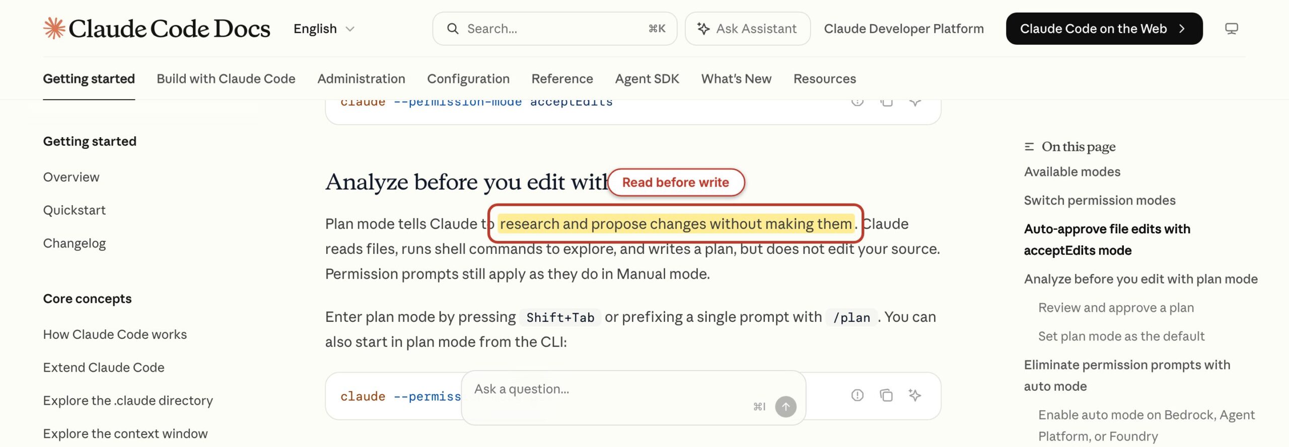 Claude Code permission mode documentation showing that Plan Mode researches without editing.